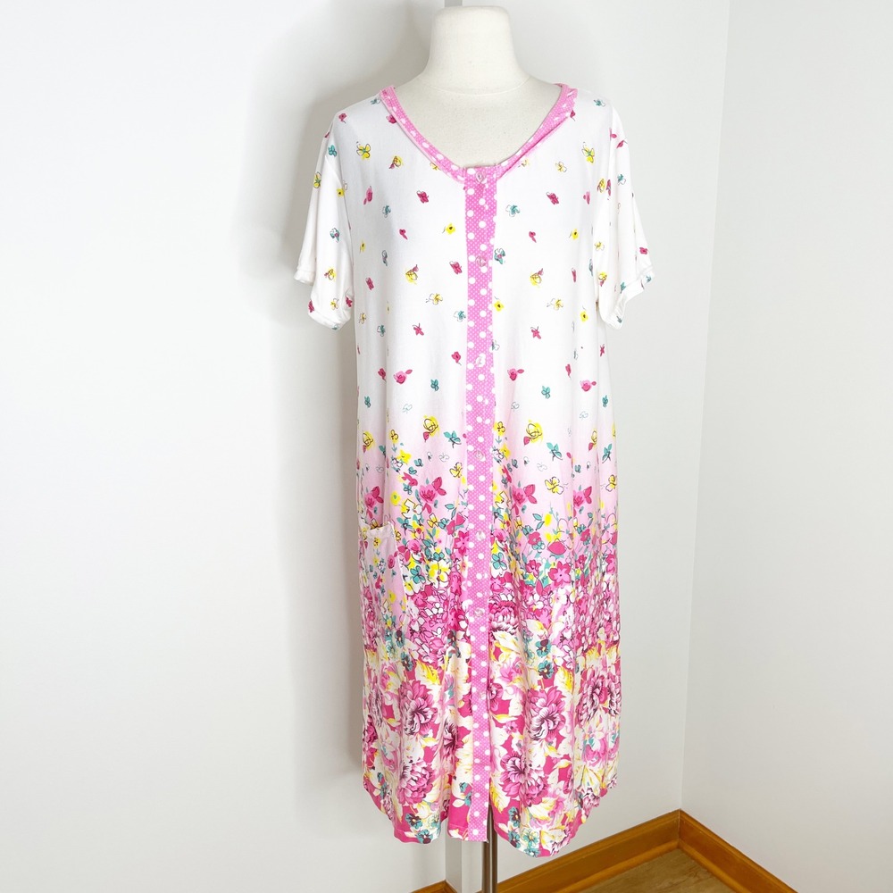 Vintage Style Pink Floral Butterfly House Dress Nightgown Buttons Pockets M/L